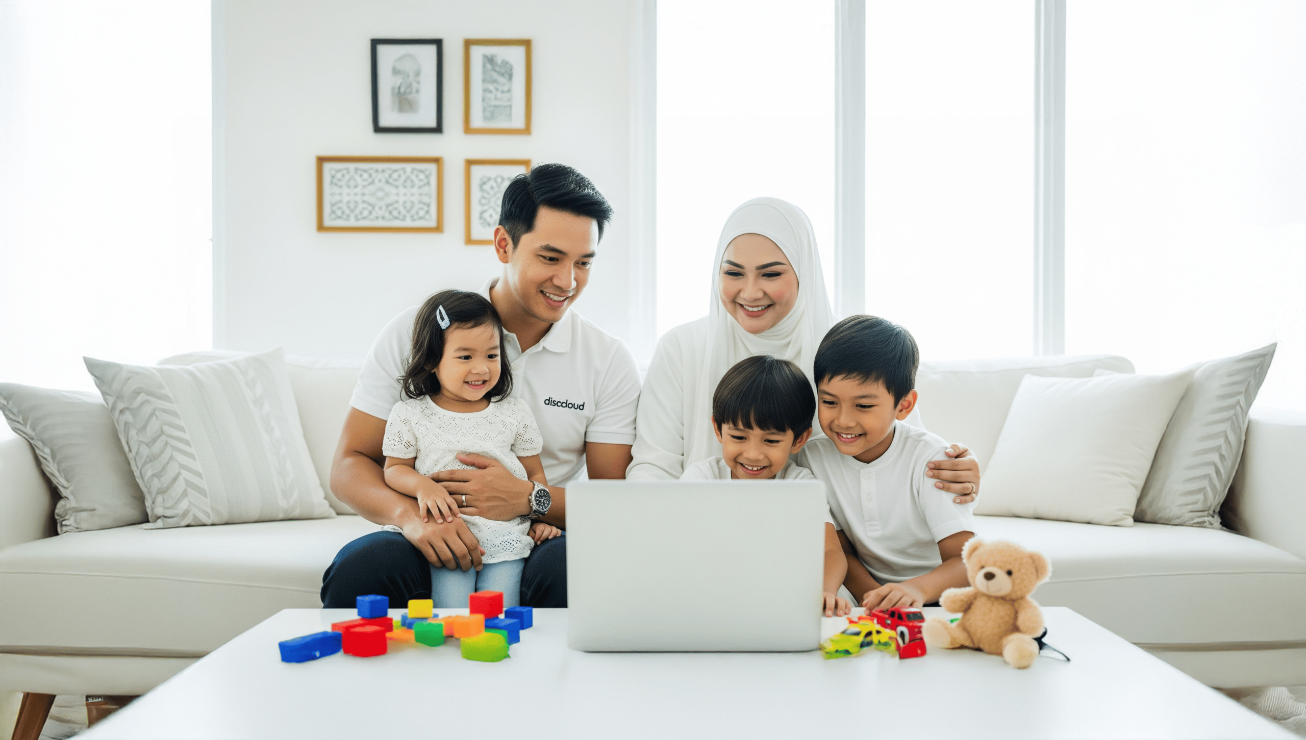 Seorang profesional dan keluarganya menikmati kemudahan teknologi di rumah berkat layanan instalasi software jarak jauh dari Disccloud yang andal.