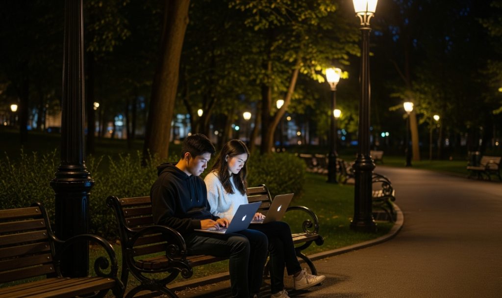 Dua talenta digital yang terhubung dengan platform Disccloudmedia, berkolaborasi secara real-time pada proyek mereka di sebuah taman kota pada malam hari.